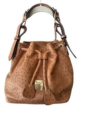 Dooney & Bourke Ostrich Embossed Leather Drawstring Bucket Bag Cognac Tan
